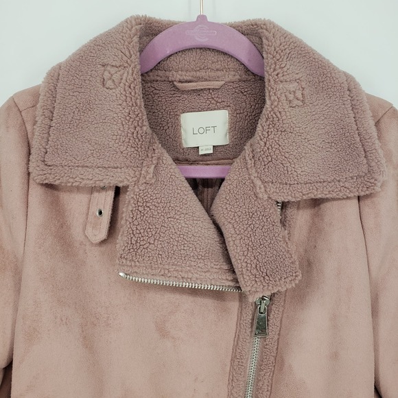LOFT Faux Suede Aviator Jacket XS Sherpa Moto Asymmetrical Zip Up Mauve Pink - Picture 6 of 10